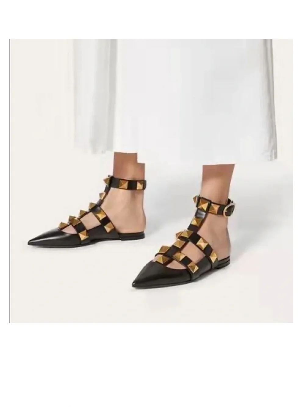 Valentino Black Leather Pointed Flats with Gold Pyramid Studs